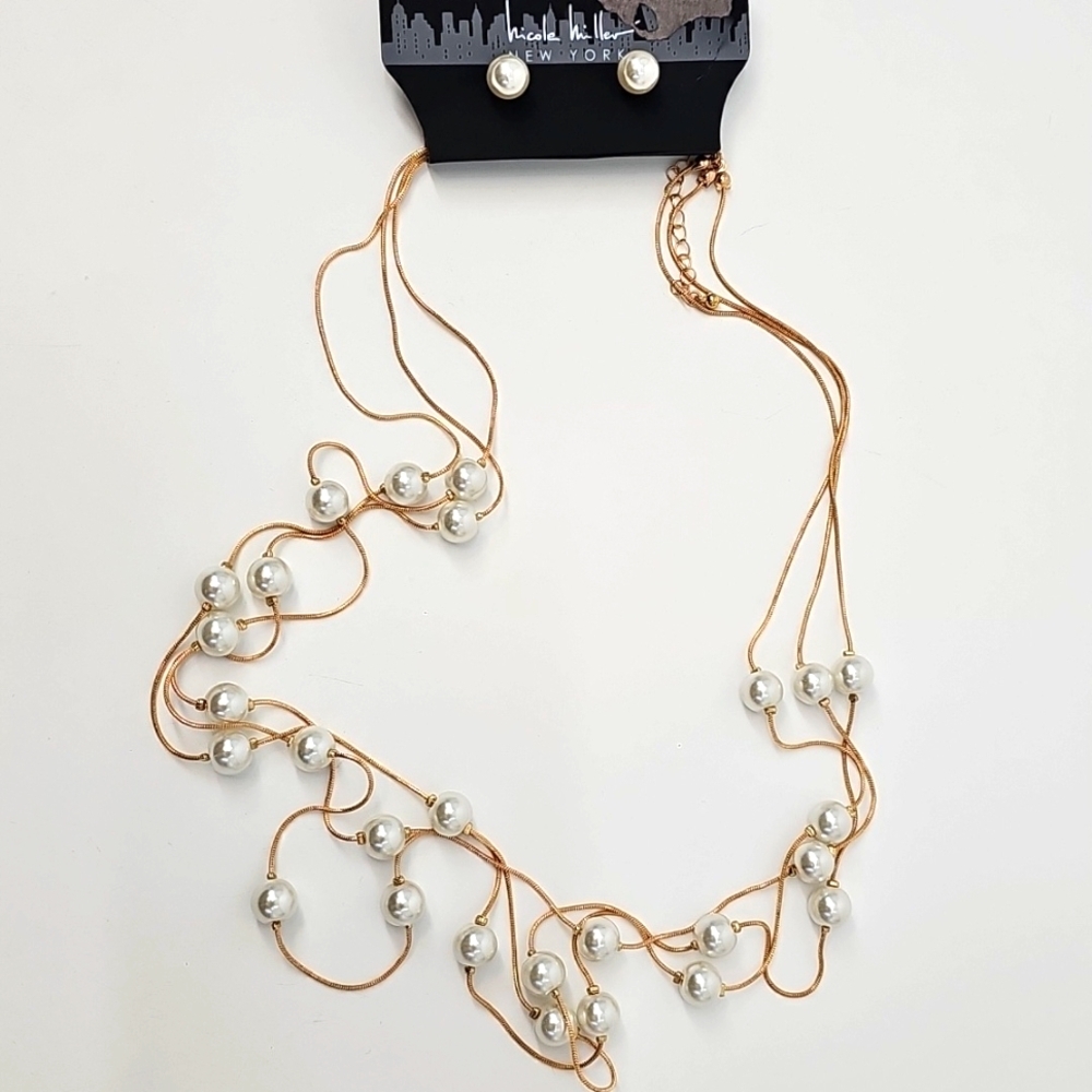 3-Strand Necklace w Faux Pearl Stud Earrings Set